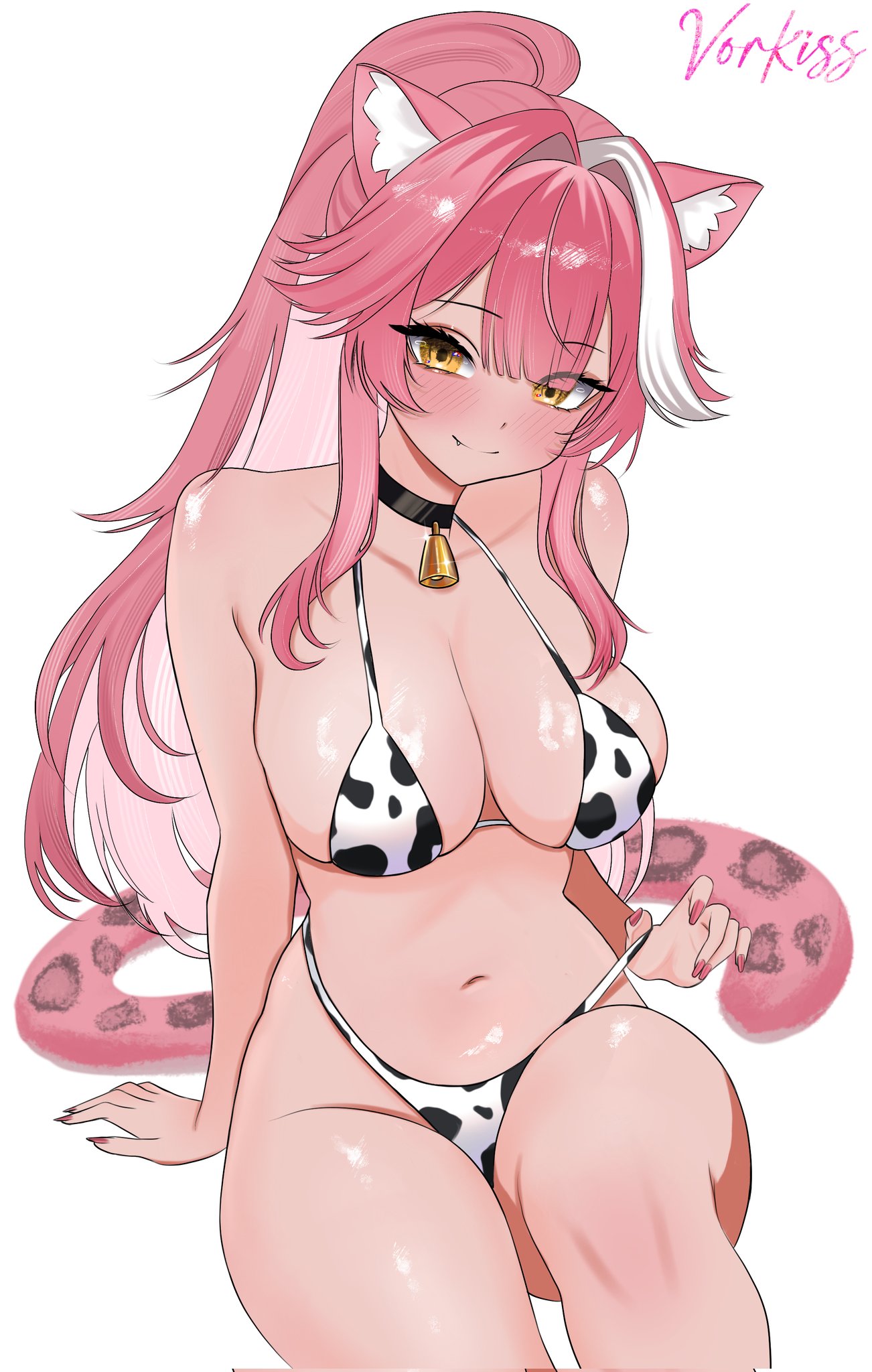 vorkiss, raora panthera, hololive, hololive english, highres, 1girl, animal ear fluff, animal ears, animal print, bell, bikini, black choker, breasts, cat ears, cat tail, choker, cleavage, closed mouth, collarbone, cow print, cow print bikini, cowbell, fang, hair intakes, high ponytail, large breasts, long hair, looking at viewer, multicolored hair, navel, neck bell, pink hair, pink nails, ponytail, print bikini, simple background, sitting, smile, solo, stomach, strap gap, streaked hair, swimsuit, tail, very long hair, virtual youtuber, white background, yellow eyes