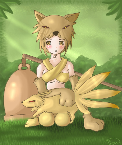 moonlight flower, ragnarok online, lowres, animal ears, blonde hair, fox, fox ears, game, gloves, hat, short hair, sleeping, thighhighs
