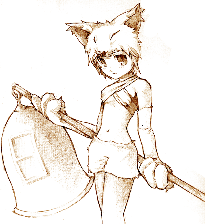 moonlight flower, ragnarok online, 1girl, :3, animal ears, bare shoulders, bell, blush, breasts, brown theme, cat ears, collarbone, criss-cross halter, female focus, fox, fox ears, game, gloves, halterneck, hammer, hat, midriff, monochrome, navel, no panties, short hair, shorts, small breasts, solo, standing, stomach, underboob