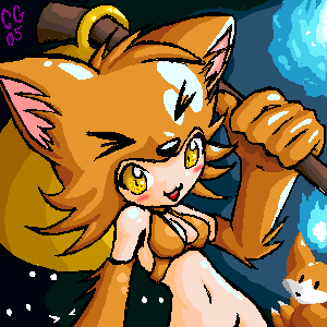 moonlight flower, ragnarok online, lowres, ahoge, animal ears, blonde hair, fox, fox ears, game, gloves, hat, no panties, short hair, yellow eyes
