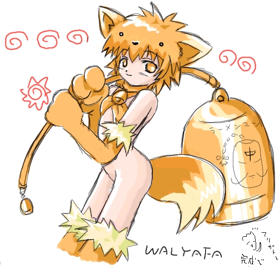 moonlight flower, ragnarok online, animal ears, bell, blonde hair, fox, fox ears, game, gloves, hat, loli, no panties, short hair, tail, thighhighs, yellow eyes