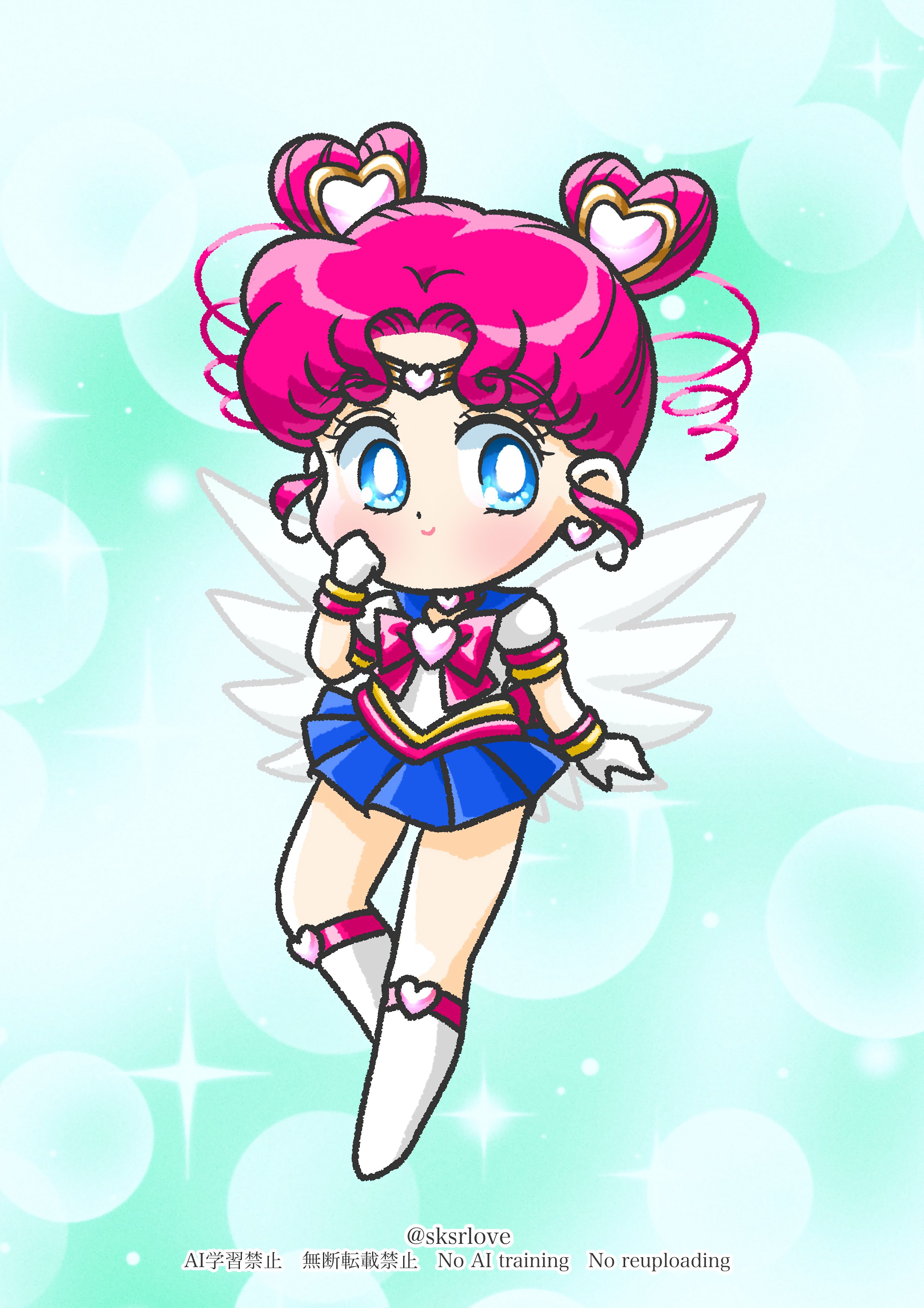 sksrlove, chibi chibi, sailor chibi chibi, bishoujo senshi sailor moon, absurdres, highres, 1girl, blue eyes, blue sailor collar, blue skirt, boots, bow, chibi, choker, double bun, gloves, hair bun, heart, heart hair bun, jewelry, long hair, red bow, red hair, sailor collar, sailor senshi uniform, short hair, skirt, smile, solo, twintails, white boots, white gloves, wings
