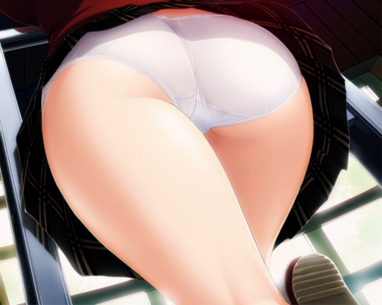 kadoi aya, saimon tamaki, kakyuusei (series), kakyuusei 2, game cg, 1girl, ass, ass focus, climbing, close-up, female focus, from behind, from below, panties, pantyshot, plaid clothes, plaid skirt, pleated skirt, school uniform, serafuku, shoes, skirt, solo, thighs, trefoil, underwear, upskirt, white panties