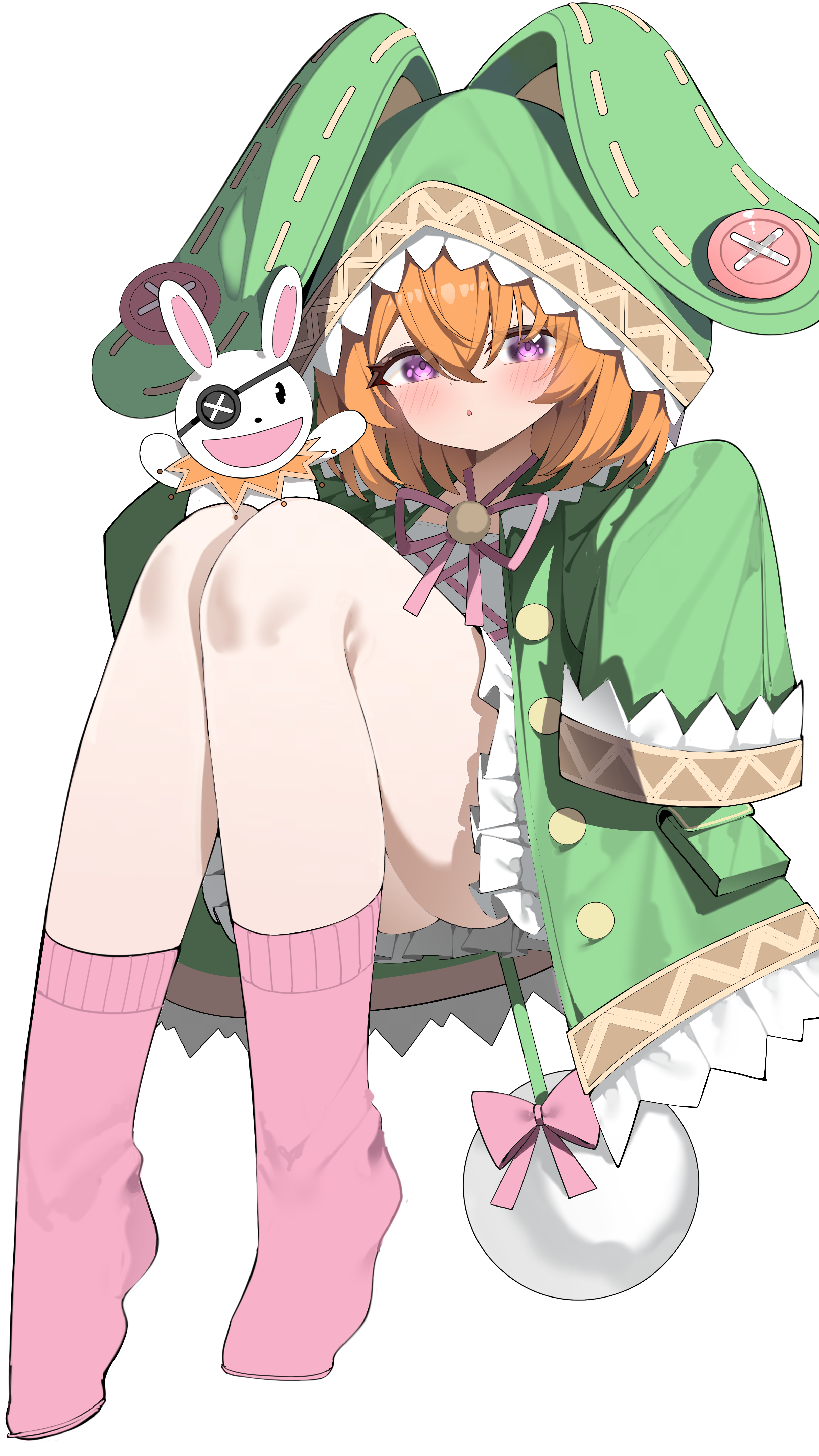 original, absurdres, highres, 1girl, animal hood, blush, coat, dress, eyepatch, feet out of frame, green coat, green jacket, hair between eyes, hood, hood up, hooded jacket, jacket, knees up, long sleeves, looking at viewer, medium hair, neck ribbon, orange hair, parted lips, pink socks, purple eyes, ribbon, simple background, sleeves past fingers, sleeves past wrists, socks, solo, stuffed animal, stuffed rabbit, stuffed toy, white background, white dress