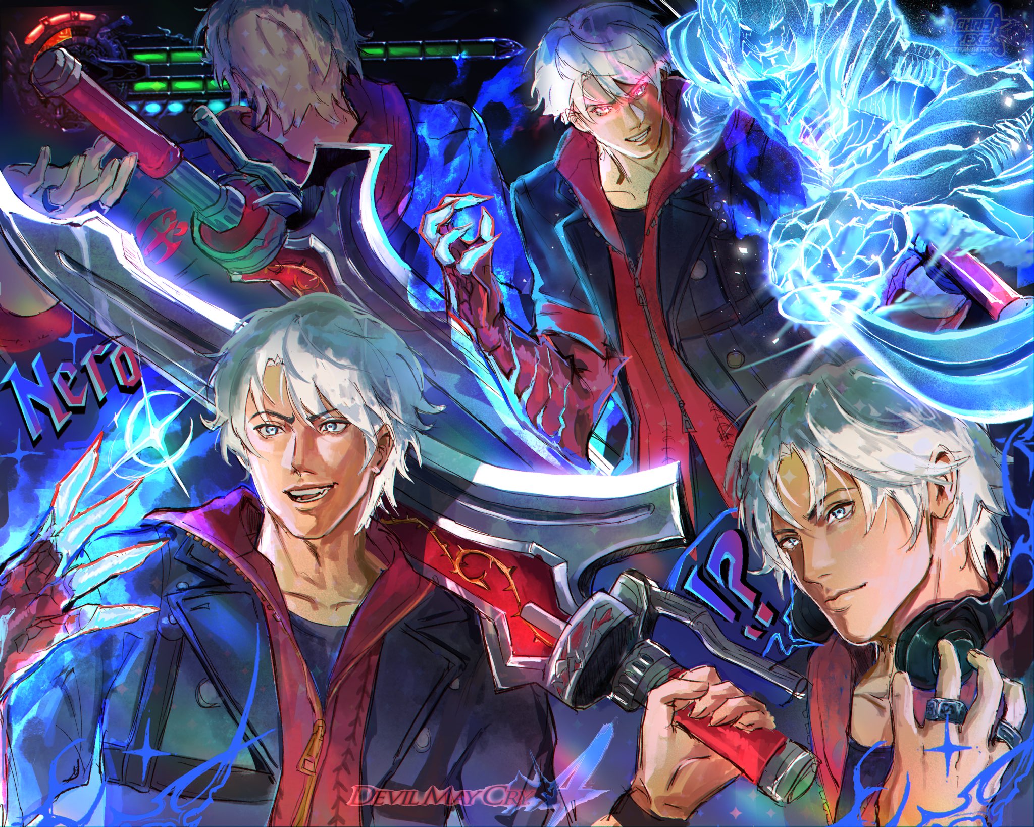 str3wberryy, nero (devil may cry), devil may cry, devil may cry (series), devil may cry 4, highres, 1boy, blue coat, blue eyes, coat, devil bringer, devil trigger, glowing, glowing eyes, headphones, headphones around neck, padded coat, red eyes, red queen (sword), short hair, sword, weapon, white hair