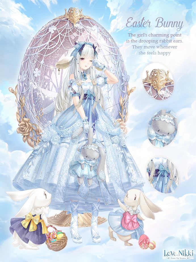 miracle nikki, nikki (series), artist request, official art, 1girl, animal, animal ears, bare shoulders, blue bow, blue bowtie, blue dress, blue flower, blue gloves, blue rose, blue sky, blue wrist cuffs, blunt bangs, bow, bowtie, character name, classic lolita, clothed animal, cloud, collar, copyright name, day, detached sleeves, dress, easter, easter bunny (miracle nikki), easter egg, egg, english text, flower, frilled sleeves, frilled wrist cuffs, frills, full body, gloves, hair bow, high heels, holding, holding stuffed toy, lace-trimmed bow, lace trim, large bow, leg ribbon, logo, lolita fashion, long dress, long hair, long sidelocks, lop rabbit ears, low-tied sidelocks, one eye closed, outdoors, pantyhose, parted lips, pink eyes, puffy short sleeves, puffy sleeves, rabbit, rabbit ears, ribbon, rose, rubbing eyes, shoes, short sleeves, sidelocks, sky, sleepy, smile, solo, standing, strapless, strapless dress, stuffed animal, stuffed rabbit, stuffed toy, very long hair, white collar, white hair, white pantyhose, white ribbon, white shoes, wrist cuffs, wrist flower