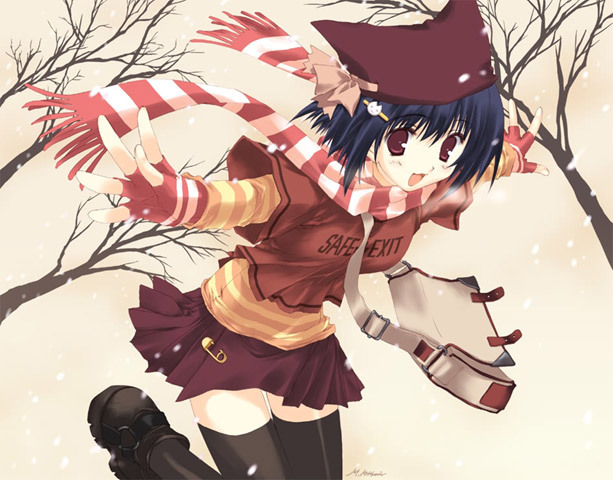 striped, animal ears, blue hair, bow, cat ears, gloves, nekohat, red eyes, ribbon, scarf, short hair, skirt, snow, thighhighs