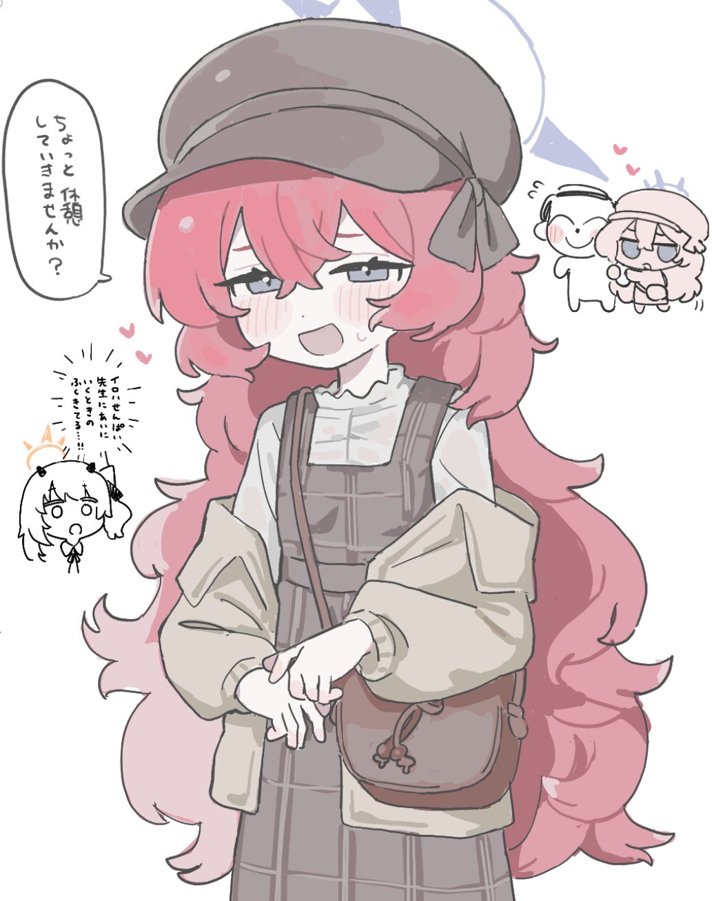 kunoichi kazuhito (kuno kazu), doodle sensei (blue archive), ibuki (blue archive), iroha (blue archive), sensei (blue archive), blue archive, highres, translation request, 1boy, 2girls, bag, blush, brown dress, brown hat, dress, grey eyes, hair between eyes, halo, hat, long hair, looking at viewer, multiple girls, off shoulder, open mouth, pinafore dress, purple halo, red hair, shirt, shoulder bag, sleeveless, sleeveless dress, smile, solo focus, speech bubble, white background, white shirt