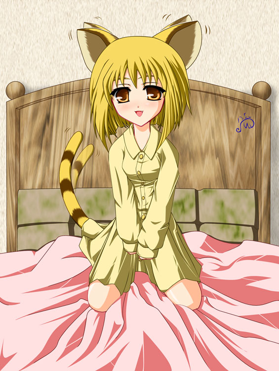 souma kisa, fruits basket, striped, animal ears, blonde hair, cat ears, cat tail, dress, fang, flat chest, long sleeves, short hair, sleeves past wrists, tail, tiger ears, tiger tail, yellow eyes