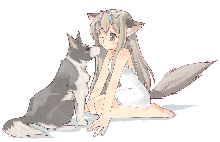 animal ears, barefoot, brown hair, dog, dog ears, dog tail, dress, grey eyes, halterneck, long hair, simple background, solo, tail, white background, wolf, wolf ears