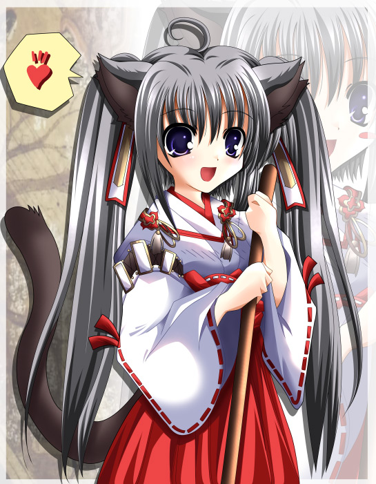 ahoge, animal ears, black hair, blue eyes, broom, cat ears, grey hair, japanese clothes, long hair, miko, twintails
