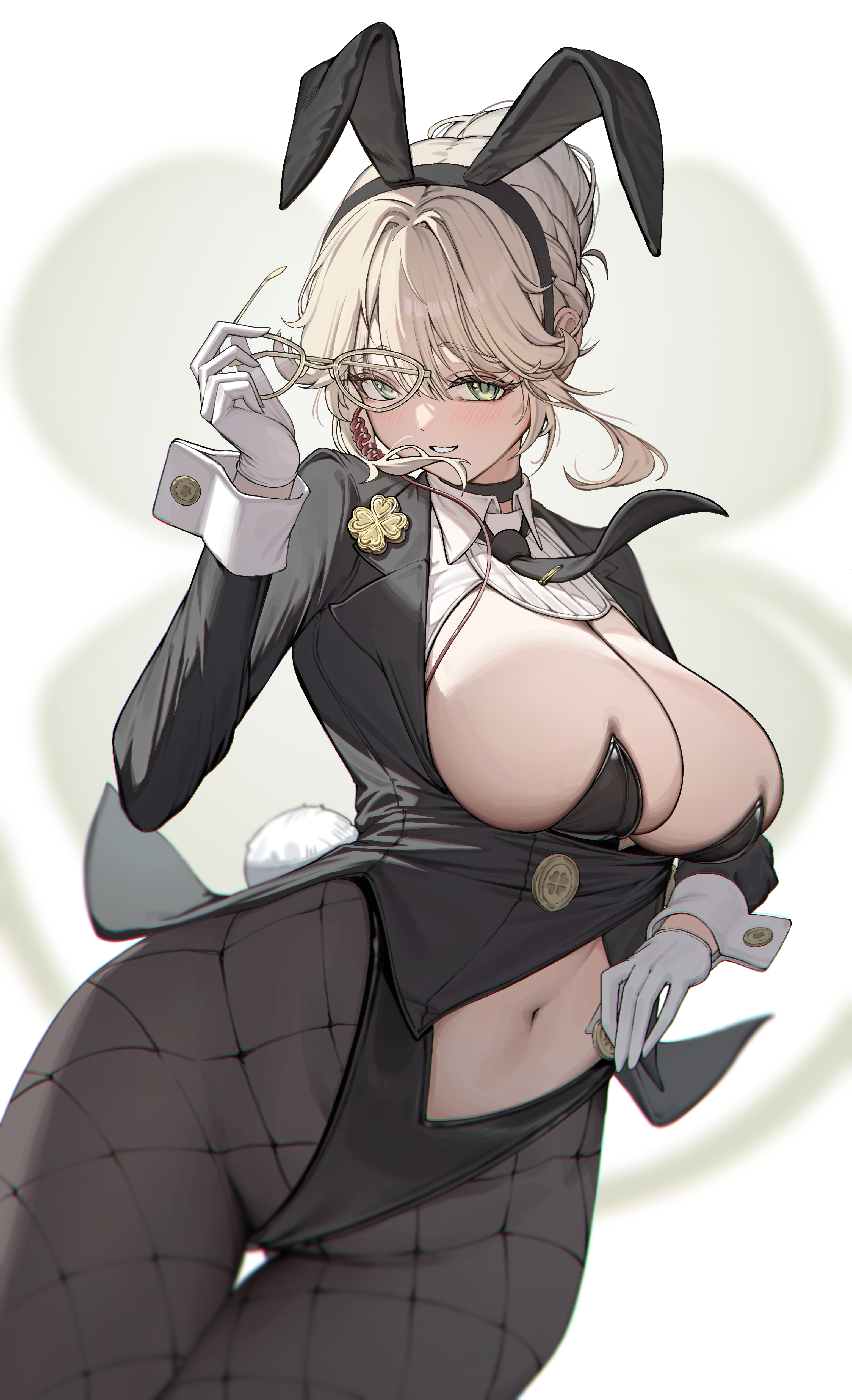 ko uniii, ade (nikke), goddess of victory: nikke, absurdres, highres, animal ears, black jacket, black leotard, blonde hair, breasts, clothing cutout, detached collar, fake animal ears, fishnet pantyhose, fishnets, glasses, gloves, green eyes, highleg, highleg leotard, jacket, large breasts, leotard, long sleeves, navel, navel cutout, pantyhose, playboy bunny, rabbit ears, rabbit tail, strapless, strapless leotard, tail, white gloves, wrist cuffs