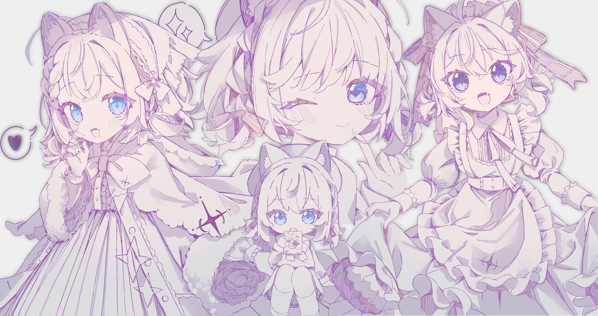 original, commission, highres, 1girl, animal ears, beret, blue eyes, blush, cat ears, chibi, closed mouth, dress, frills, fur trim, hat, holding, long sleeves, looking at viewer, multiple views, one eye closed, open mouth, ribbon, short hair, simple background, smile
