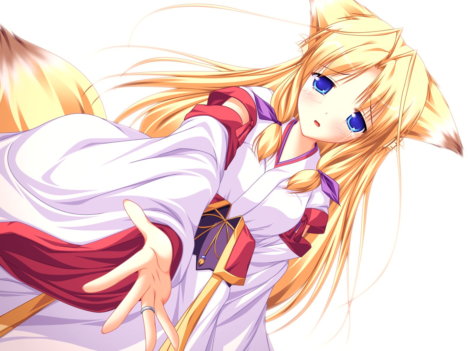 kamishiro mutsuki, inakoi, artist request, highres, tagme, 1girl, ahoge, animal ears, blonde hair, blue eyes, female focus, fox ears, japanese clothes, long hair, miko, simple background, solo, tail, tears