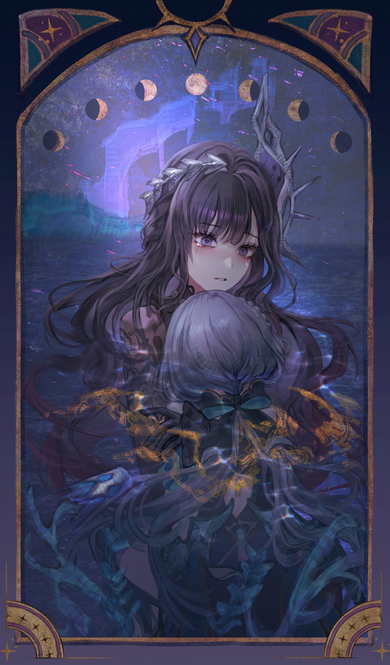 coma0987, cerydra (honkai: star rail), hysilens (honkai: star rail), honkai: star rail, honkai (series), absurdres, highres, 2girls, blue dress, chrysos heirs (honkai: star rail), crown, crying, dress, head ornament, mini crown, moon phases, multiple girls, purple eyes, purple hair, water, white hair