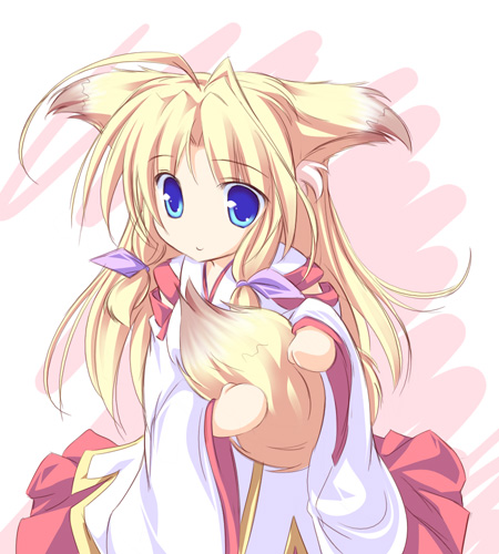 kamishiro mutsuki, inakoi, artist request, lowres, tagme, 1girl, ahoge, animal ears, blonde hair, blue eyes, female focus, fox ears, japanese clothes, long hair, miko, solo, tail