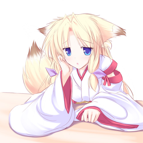 kamishiro mutsuki, inakoi, artist request, lowres, tagme, 1girl, ahoge, animal ears, blonde hair, blue eyes, female focus, fox ears, japanese clothes, long hair, miko, simple background, solo, tail