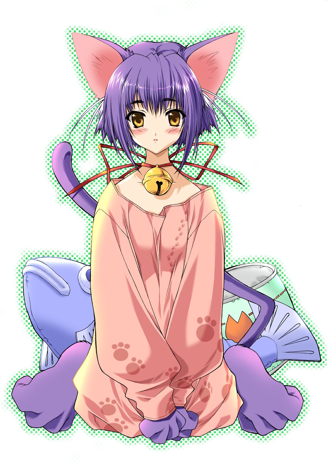 highres, animal ears, bell, bow, cat ears, gloves, pajamas, purple hair, ribbon, short hair, toy, yellow eyes