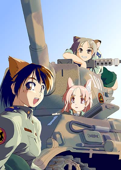 vehicle, artist request, source request, animal ears, army, black hair, brown eyes, brown hair, cat ears, dog ears, military, military vehicle, motor vehicle, pink eyes, pink hair, short hair, tank
