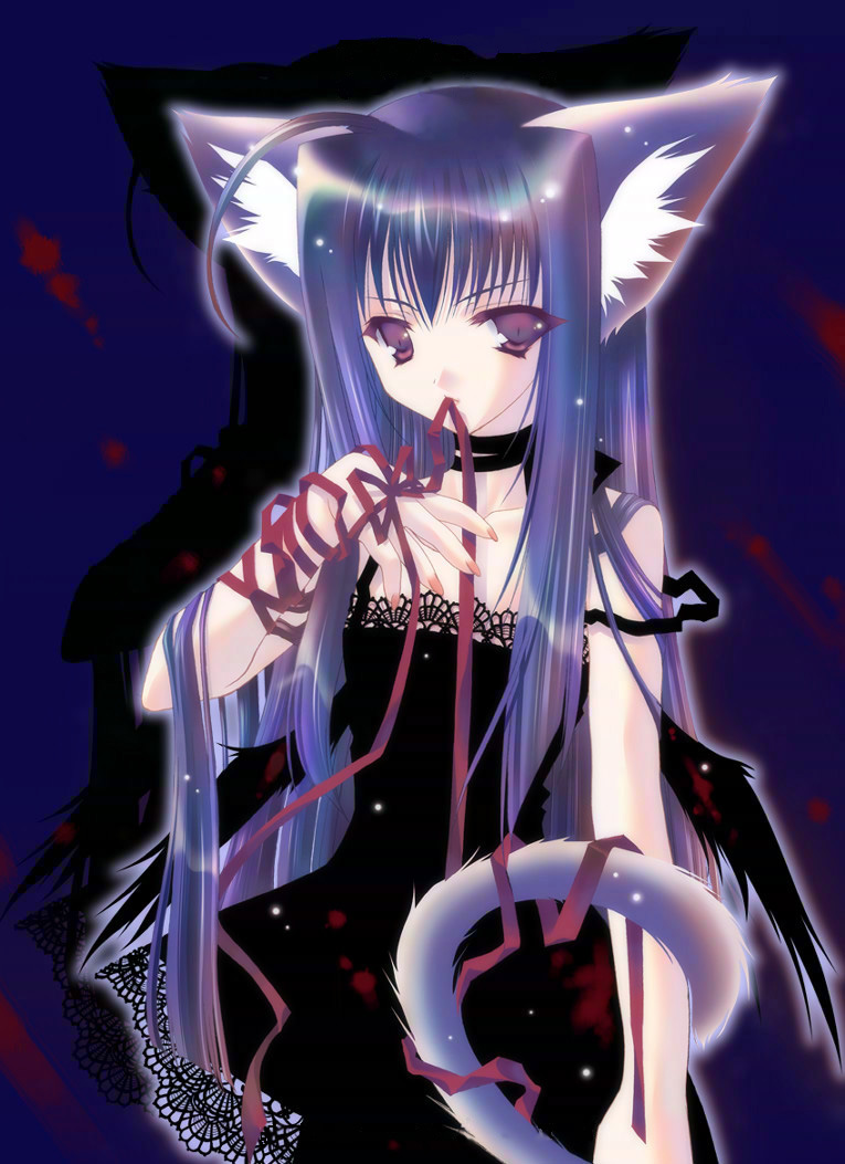 ahoge, animal ears, blue hair, bow, cat ears, dress, flat chest, gothic lolita, lolita fashion, long hair, purple eyes, purple hair, ribbon, wings