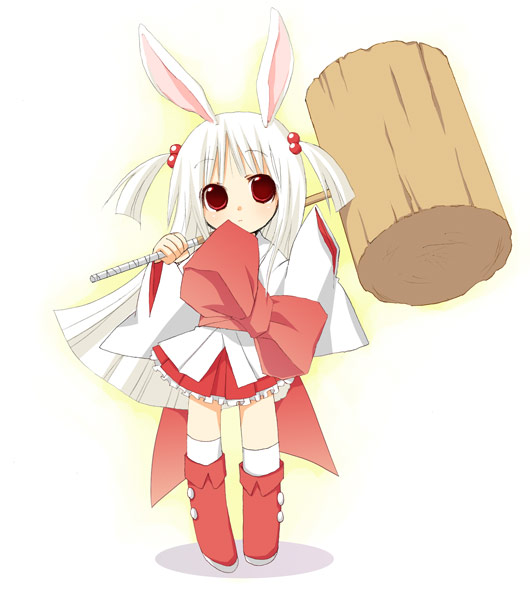animal ears, boots, bow, hammer, japanese clothes, kimono, knee boots, kneehighs, long hair, rabbit ears, skirt, socks, twintails, white hair