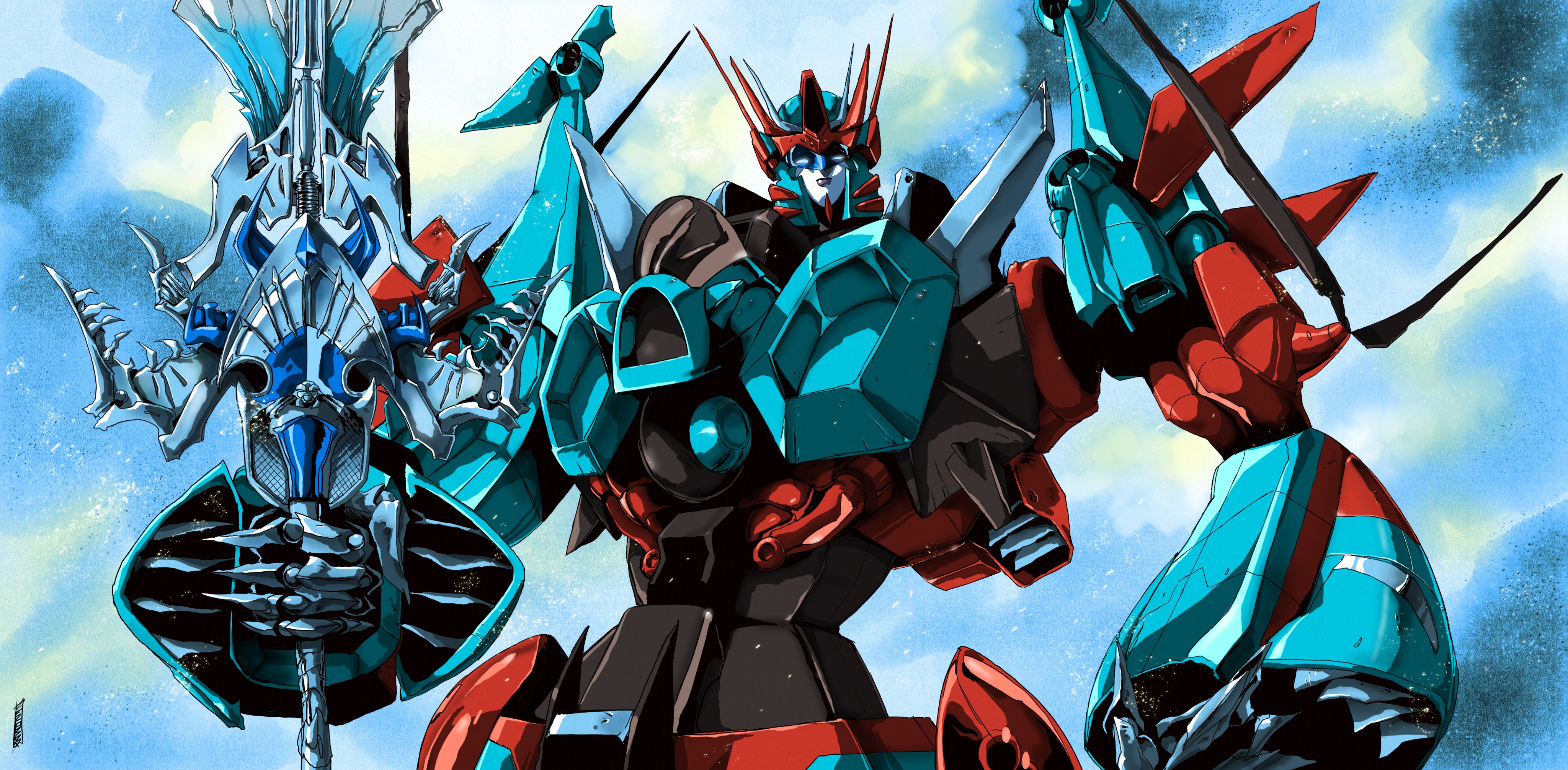 hinomars19, victorion, the transformers (idw), transformers, absurdres, highres, blue eyes, cloud, glowing, glowing eyes, holding, holding sword, holding weapon, humanoid robot, mecha, no humans, robot, robot girl, sky, sword, weapon