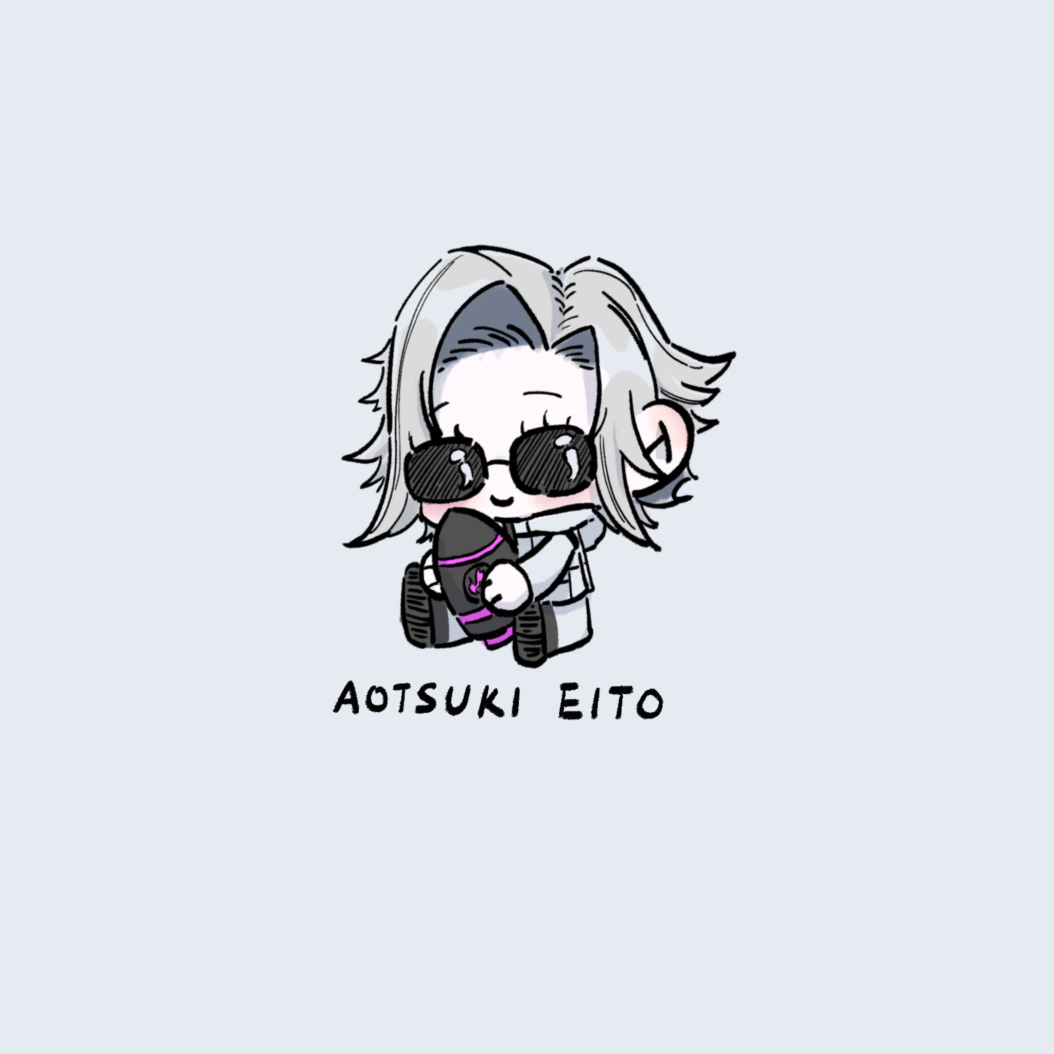 aotsuki eito, the hundred line -last defense academy-, chinese commentary, commentary, highres, 1boy, black shoes, blush, bomb, character name, chibi, chibi only, explosive, facing viewer, grey background, grey hair, holding, holding bomb, jacket, male focus, pants, shichengzhijiuhaole306, shoes, short hair, simple background, sitting, smile, solo, sunglasses, white pants