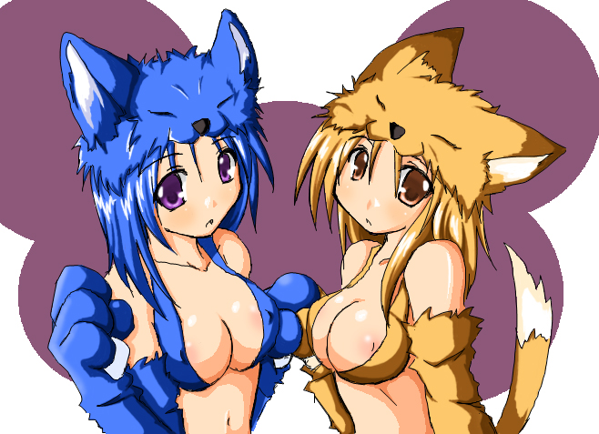 cat o' nine tails (raganarok online), moonlight flower, ragnarok online, 2girls, animal ears, blonde hair, blue eyes, blue hair, breasts, brown eyes, cat o' nine tails, cleavage, fox ears, fox tail, game, gloves, hat, multiple girls, nipple slip, nipples, purple eyes, short hair, tail, whip