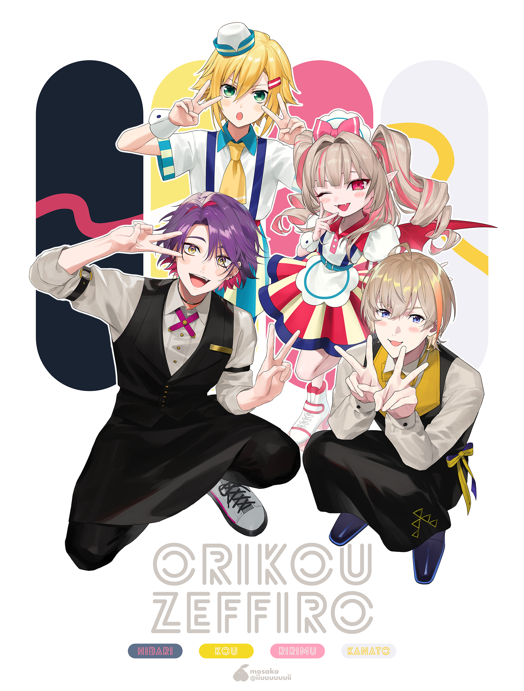 mosako, fura kanato, makaino ririmu, uzuki kou, watarai hibari, nijisanji, commentary request, highres, 1girl, 3boys, alternate costume, apron, artist name, black apron, black pants, black vest, blonde hair, blush, brown hair, character name, collared shirt, colored inner hair, double v, fangs, flipped hair, green eyes, hat, long sleeves, looking at viewer, mini hat, multicolored hair, multiple boys, neckerchief, one eye closed, open mouth, orange hair, pants, pink hair, pointy ears, puffy short sleeves, puffy sleeves, purple hair, red eyes, red skirt, shirt, shoes, short hair, short sleeves, sidelocks, simple background, skirt, sleeves rolled up, smile, squatting, standing, standing on one leg, streaked hair, striped clothes, striped skirt, suspenders, twintails, twitter username, v, v over eye, vertical-striped clothes, vertical-striped skirt, vest, virtual youtuber, waist apron, white apron, white background, white shirt, white shoes, white wrist cuffs, wrist cuffs, yellow neckerchief, yellow skirt