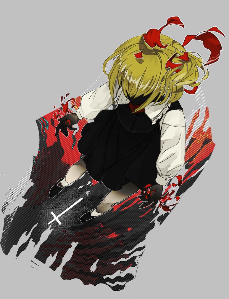 chamaruk, rumia, touhou, 1girl, black skirt, black vest, blonde hair, collared shirt, cross, faceless, faceless female, frilled shirt collar, frills, long sleeves, shirt, shoes, short hair, skirt, socks, solo, vest, white shirt