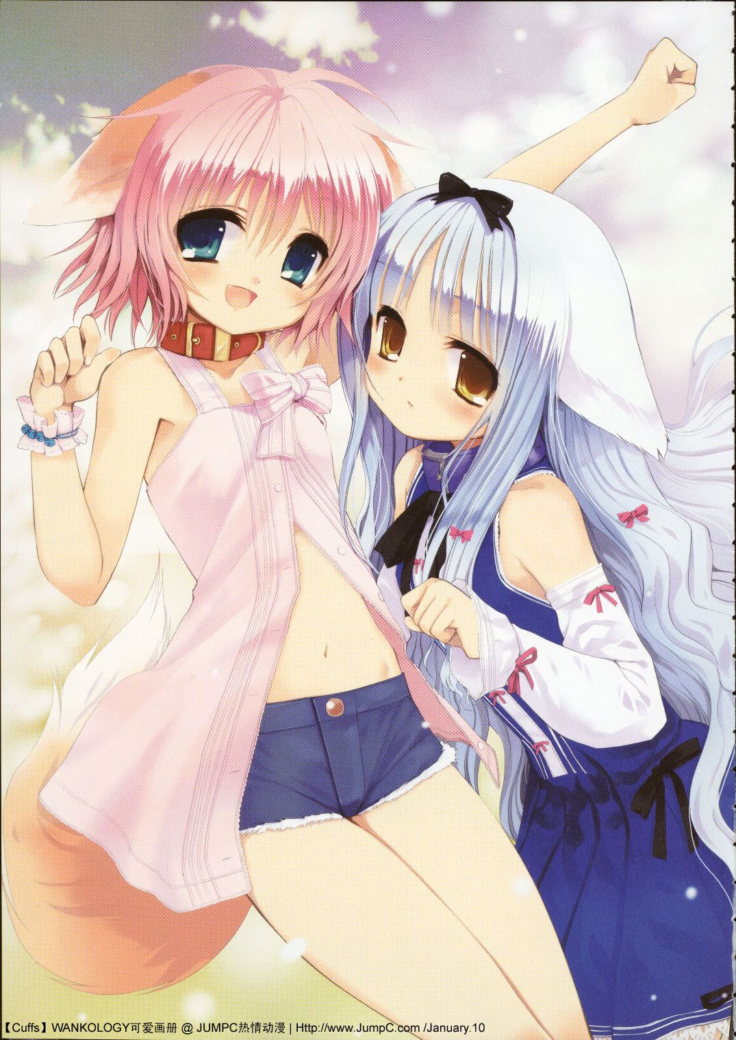 wanko to lily, highres, animal ears, blush, collar, dog ears, dress, long hair, midriff, open clothes, open shirt, ribbon, shirt, short hair, shorts, tail