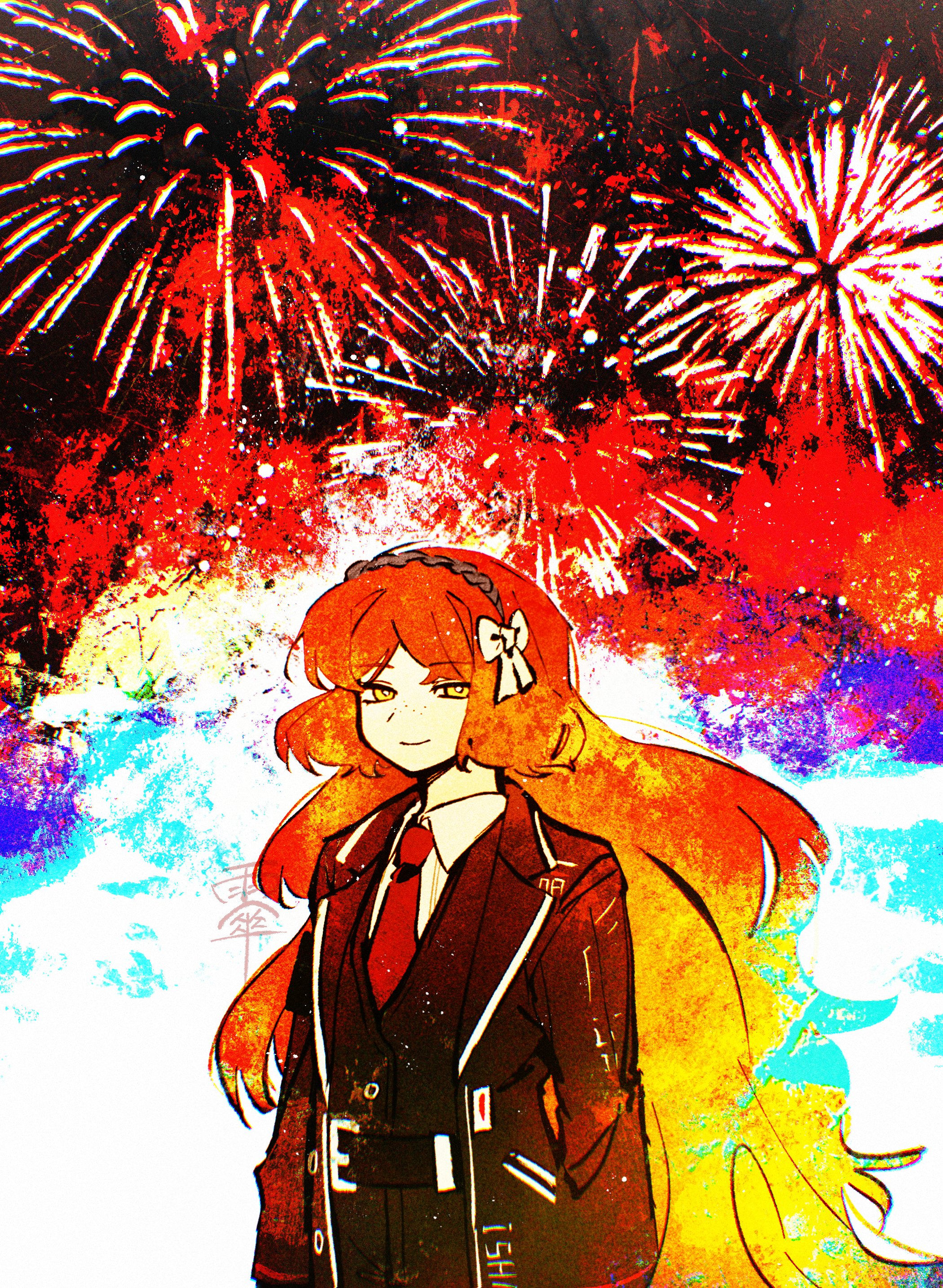 shima00401, ishmael (project moon), limbus company, project moon, absurdres, highres, 1girl, aerial fireworks, black coat, black vest, bow, brown hairband, coat, collared shirt, fireworks, freckles, hair bow, hairband, long hair, long sleeves, looking at viewer, necktie, orange hair, red necktie, shirt, simple background, solo, standing, upper body, very long hair, vest, white background, white bow, white shirt, yellow eyes