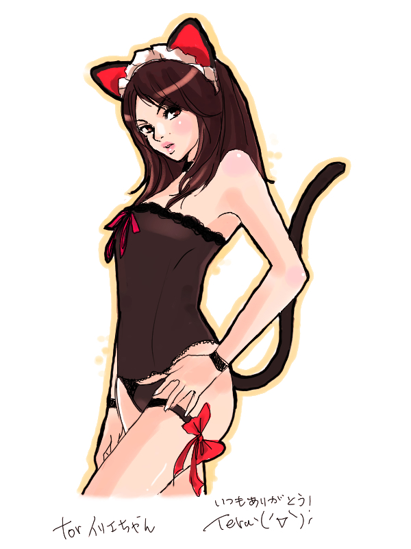 teru, animal ears, bow, brown eyes, brown hair, cat ears, collar, cuffs, lingerie, maid, panties, short hair, underwear