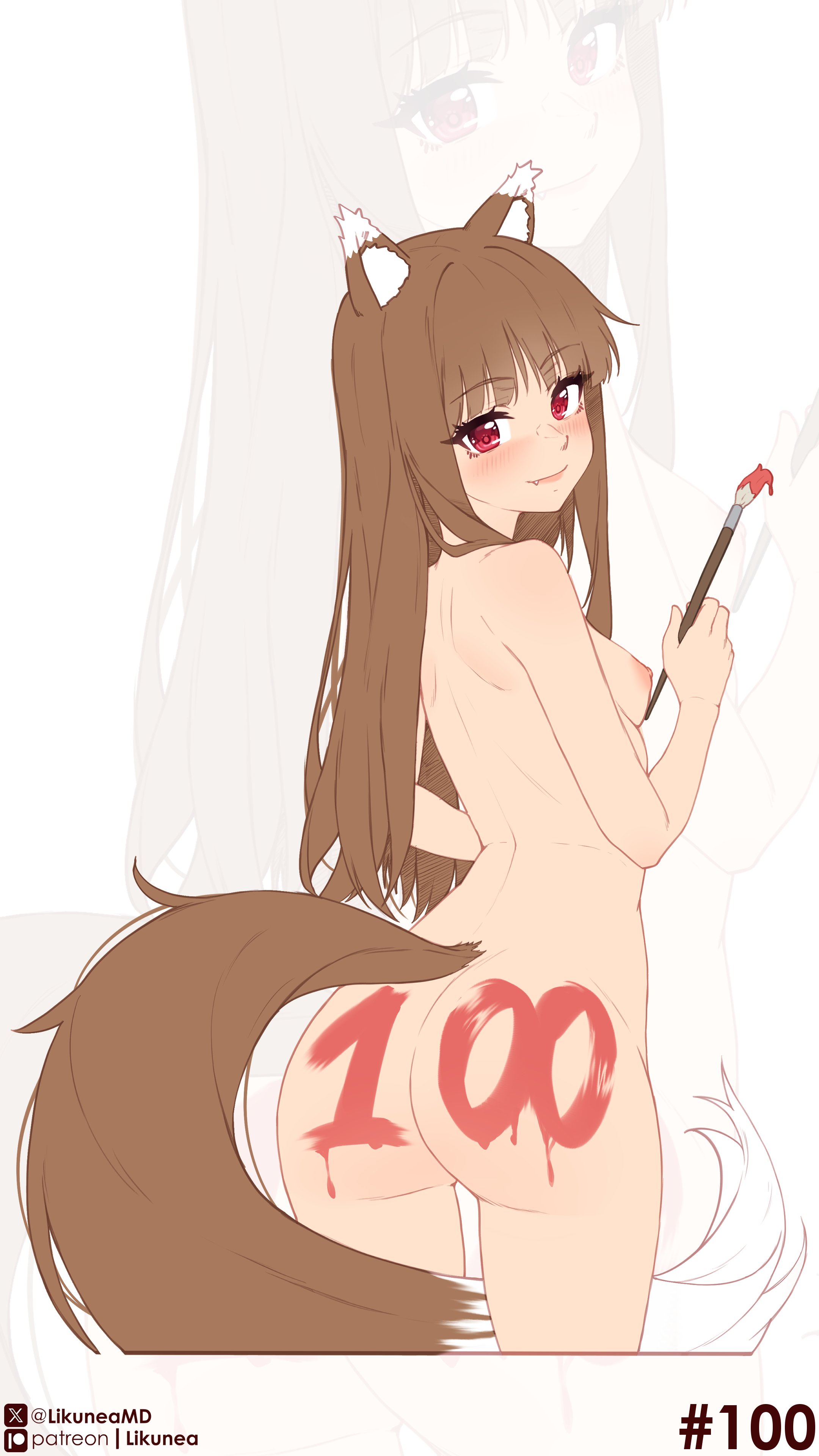 likunea, holo, spice and wolf, absurdres, commentary, english commentary, highres, 1girl, animal ear fluff, animal ears, ass, blush, bodypaint, brown hair, closed mouth, completely nude, fang, from behind, holding, holding paintbrush, long hair, looking at viewer, nude, paintbrush, patreon logo, patreon username, red eyes, smile, solo, standing, tail, twitter username, twitter x logo, wolf ears, wolf girl, wolf tail, zoom layer