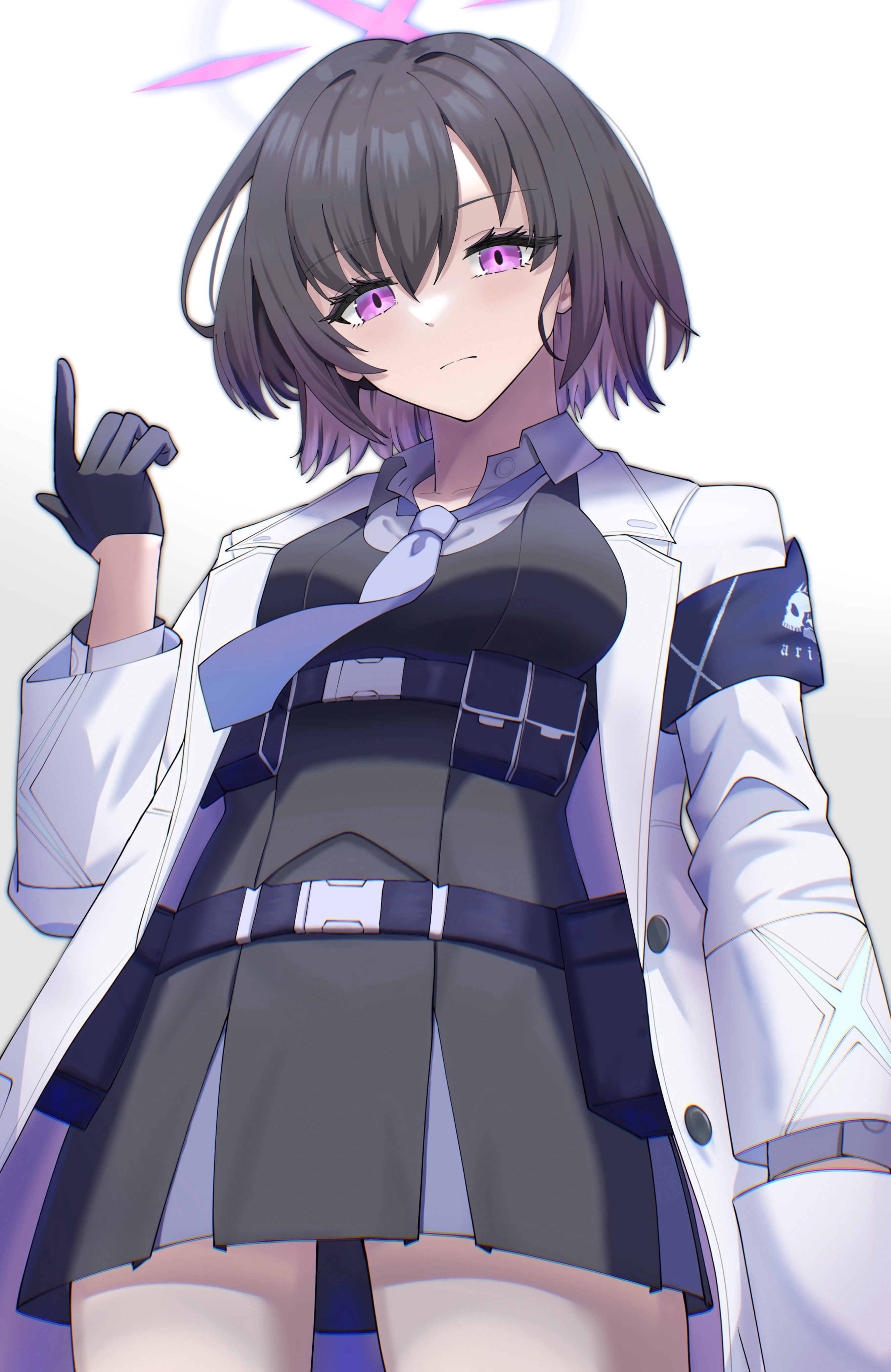 blue archive, absurdres, highres, 1girl, angry, armband, belt, black gloves, black hair, blazer, blue necktie, chest harness, closed mouth, collared shirt, gloves, halo, harness, index finger raised, jacket, looking at viewer, looking down, m1i i109, necktie, pointing, pointing up, purple eyes, purple halo, shirt, short hair, short haired arius student (blue archive), simple background, skirt, solo, white background, white jacket