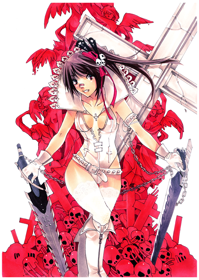 too (totoo), toounit, armband, bandaid, belt, black hair, boots, bow, chain, fishnets, gloves, knee boots, long hair, ponytail, red eyes, sword, thighhighs, weapon