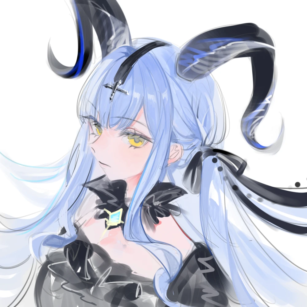 ka shou yu jiu, togawa sakiko, arknights, bang dream!, bang dream! it's mygo!!!!!, 1girl, black horns, black ribbon, blue hair, closed mouth, curled horns, detached collar, expressionless, hair ribbon, horns, long hair, looking at viewer, ribbon, sidelocks, simple background, solo, togawa sakiko (master of melodia), two side up, upper body, white background, yellow eyes
