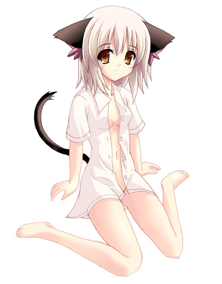 onnanoko suwari, yamamoto nori, original, 1girl, animal ears, bare legs, barefoot, blonde hair, brown eyes, cat ears, cat tail, female focus, navel, no panties, open clothes, open shirt, shirt, short hair, sitting, solo, tail, wariza, white hair, white shirt, yellow eyes
