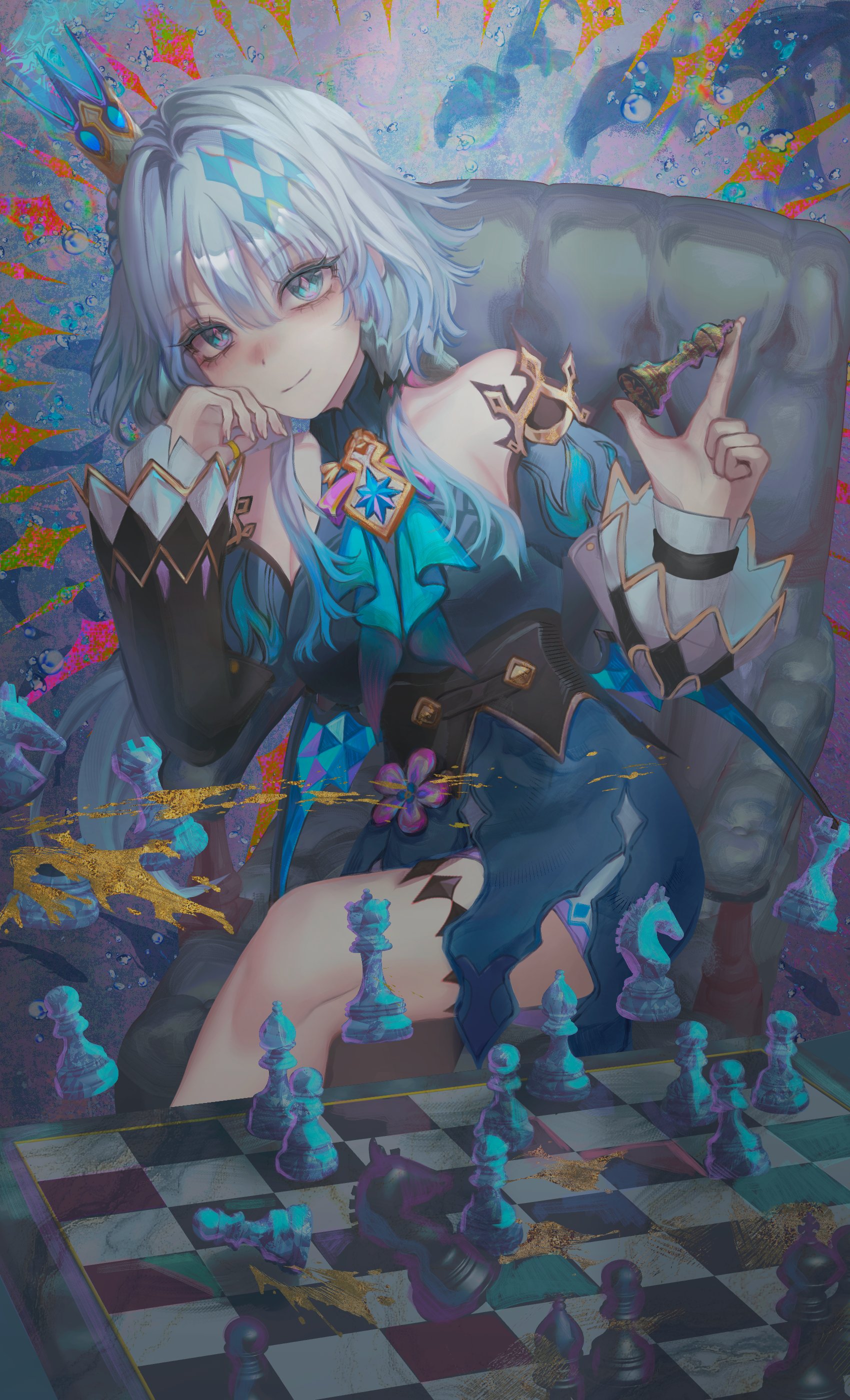 coma0987, cerydra (honkai: star rail), honkai: star rail, honkai (series), absurdres, highres, 1girl, blue dress, chess piece, chessboard, chrysos heirs (honkai: star rail), crown, diamond-shaped pupils, diamond (shape), dress, holding, holding chess piece, mini crown, pawn (chess), sitting, solo, symbol-shaped pupils