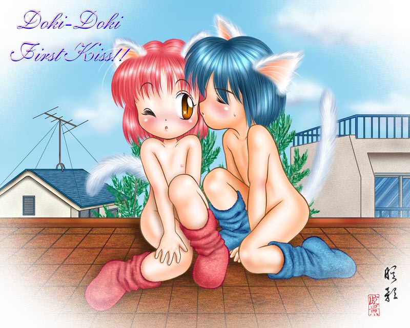animal ears, blue hair, blush, cat ears, flat chest, loli, nude, pink hair, socks, yellow eyes