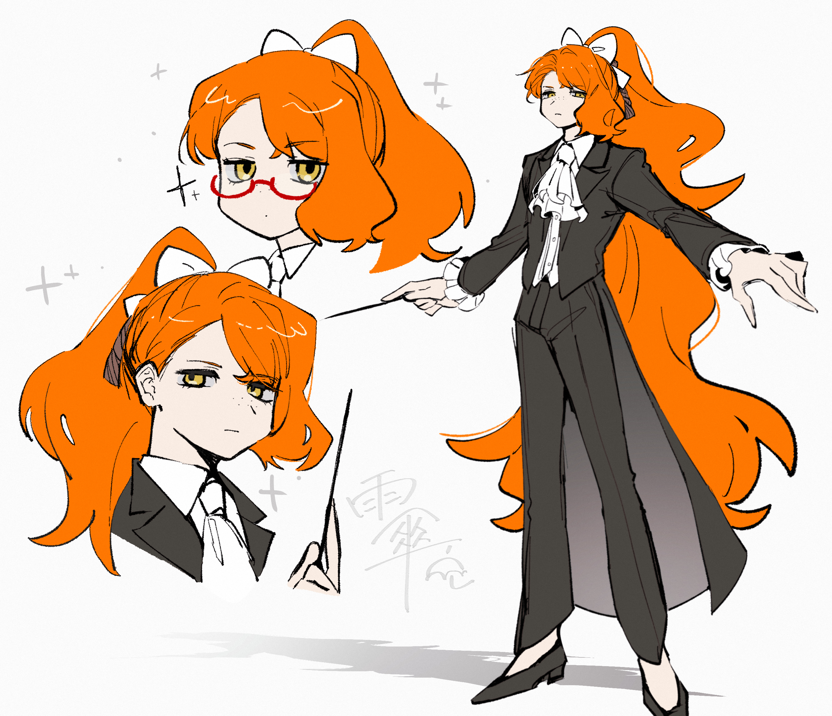 shima00401, ishmael (project moon), limbus company, project moon, highres, 1girl, alternate costume, alternate hairstyle, ascot, black jacket, black pants, black shoes, bow, freckles, full body, glasses, hair bow, holding, holding wand, jacket, long hair, long sleeves, looking at viewer, multiple views, orange hair, pants, ponytail, shoes, simple background, solo, standing, very long hair, wand, white ascot, white background, white bow, yellow eyes
