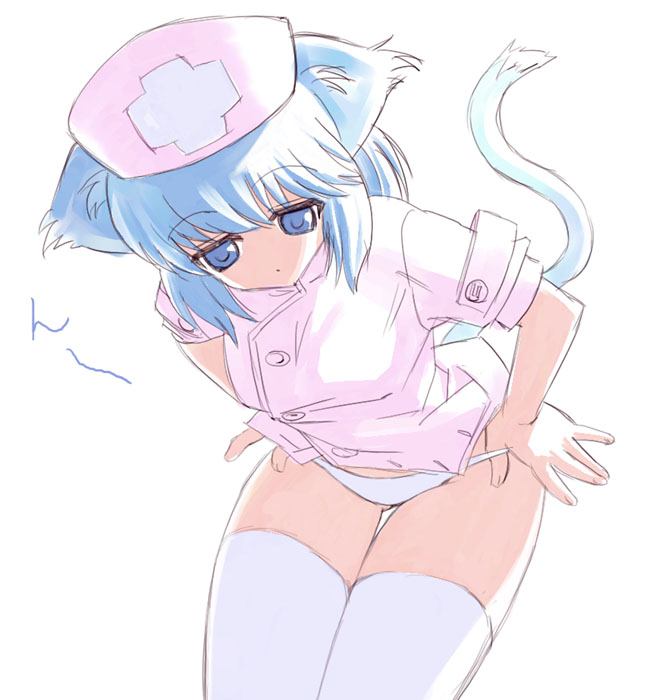 inu777, oouchi takadou, original, 1girl, :o, animal ears, bent over, blue eyes, blue hair, blush, cat ears, cat tail, female focus, hat, matching hair/eyes, no nose, nurse, nurse cap, open mouth, panties, panty pull, short hair, simple background, solo, tail, thigh gap, thighhighs, underwear, undressing, white panties, white thighhighs