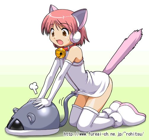 animal ears, cat ears, cat tail, collar, elbow gloves, flat chest, gloves, kneeling, mouse (animal), open mouth, short hair, skirt, tail, thighhighs