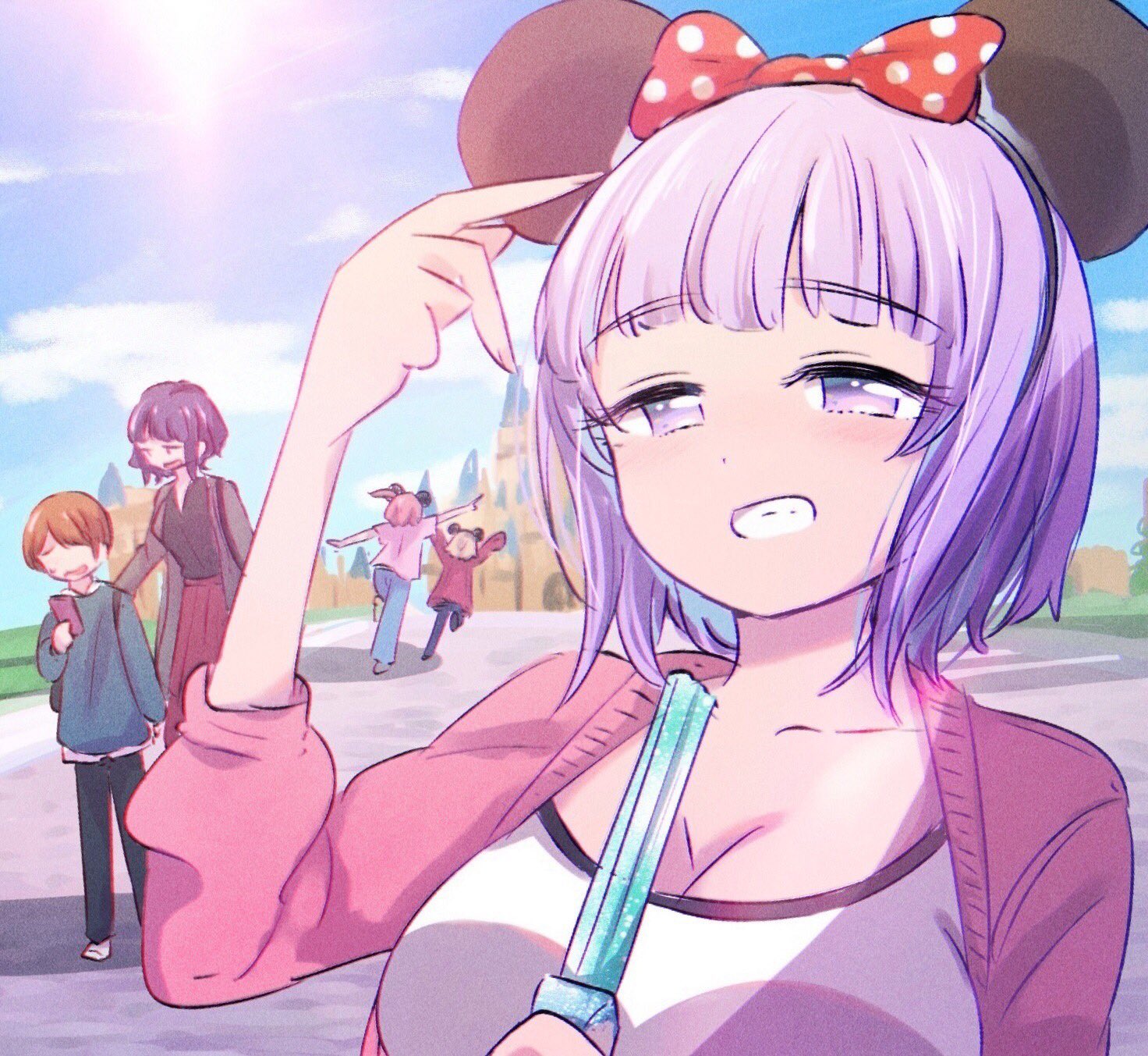 sakasana (kaisen teikoku), amamiya (sakusei byoutou), ootsuka (sakusei byoutou), tendou mako (sakusei byoutou), tendou mia (sakusei byoutou), yamada (sakusei byoutou), disneyland, sakusei byoutou, highres, translation request, 1boy, 4girls, amusement park, blue sky, breasts, castle, cleavage, multiple girls, short hair, sky, sunlight