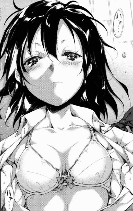suzuki nago, original, non-web source, 1girl, black hair, blush, bow, bow bra, bowtie, bra, breasts, breasts apart, expressionless, greyscale, indoors, lying, monochrome, on back, on floor, open clothes, open shirt, pov, pov hands, sakura mamiya (syoujo m), school uniform, shirt, short hair, small breasts, underwear, undressing another