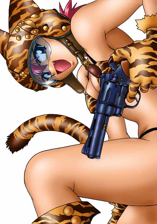 striped, animal ears, bikini, blue eyes, boots, cat ears, fang, gloves, gun, helmet, pink hair, ponytail, red hair, short hair, swimsuit, weapon