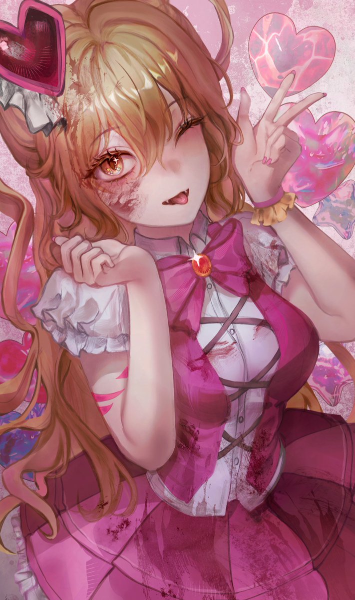 coma0987, don quixote (project moon), limbus company, project moon, highres, 1girl, blood, blood on clothes, blood on face, bow, dress, e.g.o (project moon), fangs, hair ornament, in the name of love and hate (e.g.o), one eye closed, pink bow, pink dress, red eyes, solo, tongue, tongue out, v