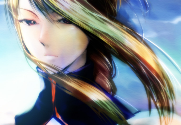 puyo (puyotopia), topia, agrias oaks, final fantasy, final fantasy tactics, 1girl, black hair, blonde hair, braid, female focus, long hair, plait, red eyes, solo