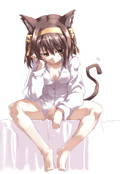 tokyo (great akuta), suzumiya haruhi, suzumiya haruhi no yuuutsu, 00s, 1girl, animal ears, barefoot, blush, bottomless, breasts, brown eyes, brown hair, cat ears, cat tail, cleavage, dress shirt, feet, female focus, hair ribbon, naked shirt, no panties, ribbon, shirt, short hair, sketch, solo, tail, white shirt