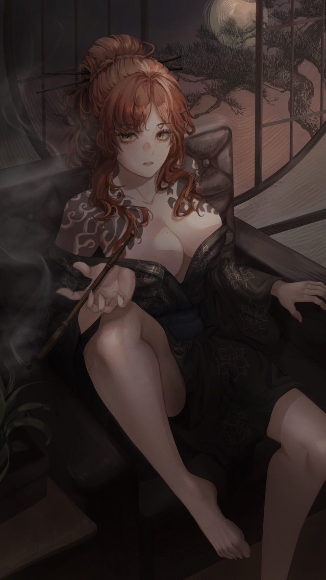 coma0987, ishmael (project moon), kurokumo clan (identity) (project moon), limbus company, project moon, 1girl, barefoot, black kimono, breasts, cloud tattoo, japanese clothes, kimono, large breasts, looking at viewer, red hair, smoking, solo, tattoo, yellow eyes